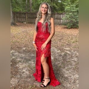 Sherri Hill Open Slit Beaded Lace Dress